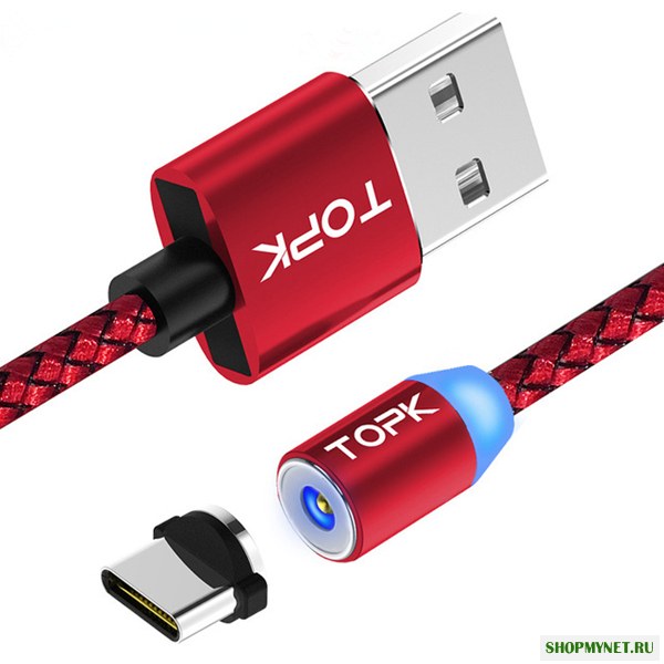 TOPK R-Line1 Реверсивный Type C LED Магнитный плетеный зарядный кабель для зарядки 1M для планшета