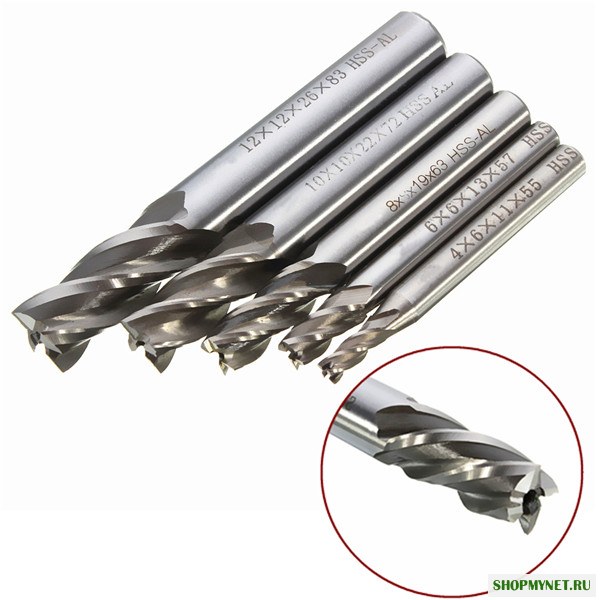 Drillpro DB-M2 5pcs 4/6/8/10 / 12мм 4 флейты концевой фрезы Cutter HSS цилиндрическим хвостовиком сверла